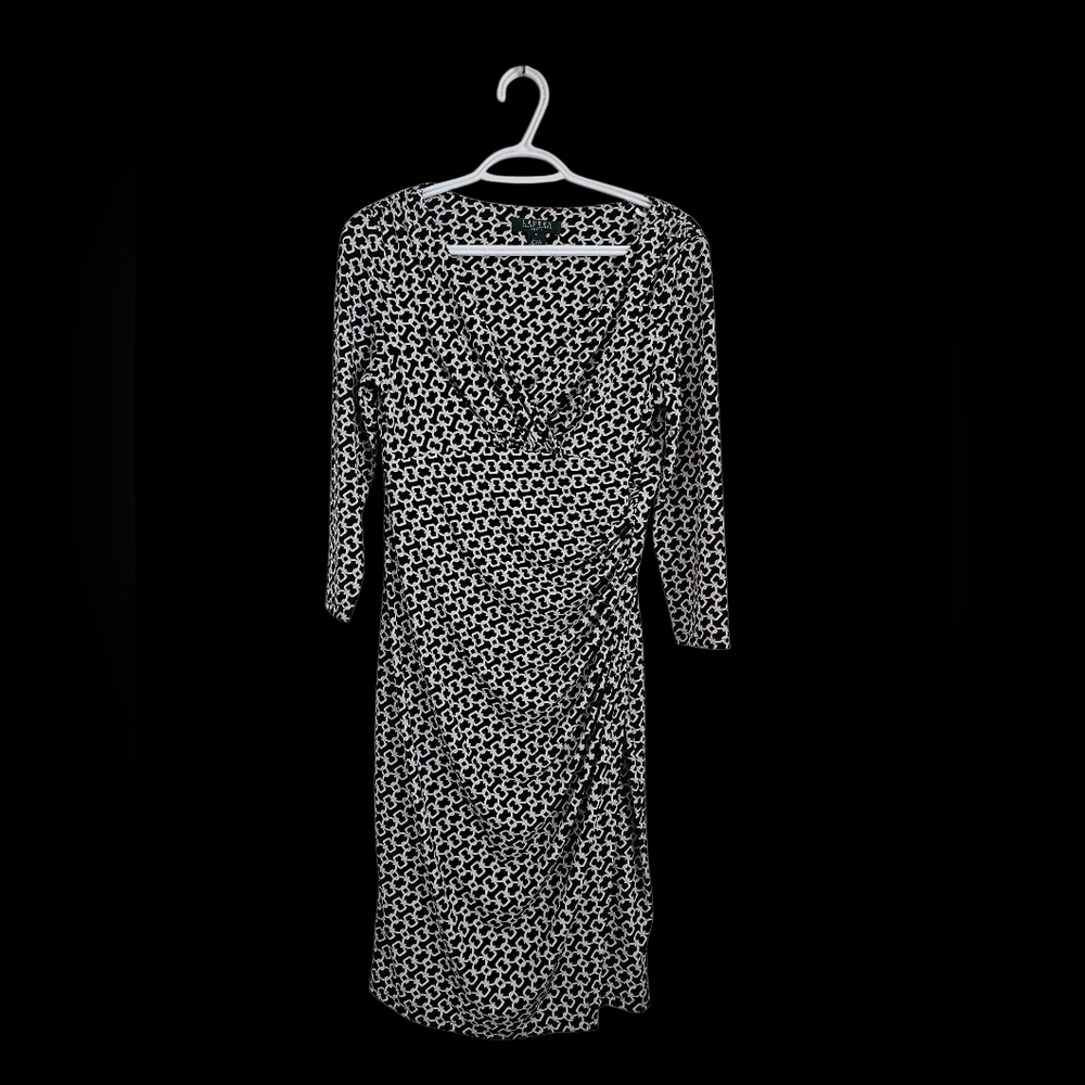 Ralph Lauren. Black & White Printed Faux-Wrap Dress.